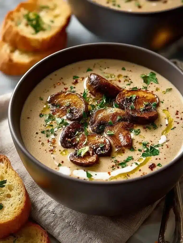Creamy mushroom soup in a bowl with fresh herbs on top