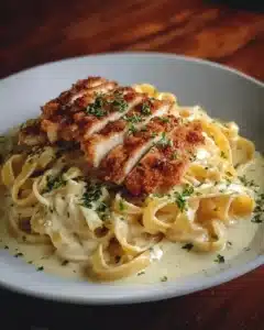 Plate of crispy chicken with creamy pasta and herbs garnished on top