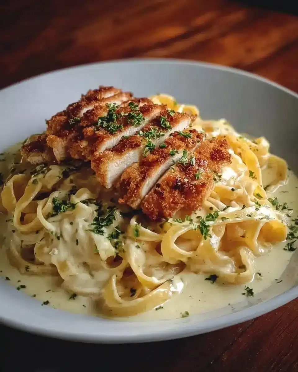 Crispy Chicken with Creamy Pasta 1 Plate of crispy chicken with creamy pasta and herbs garnished on top
