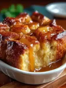 Croissant Bread Pudding with Caramel 3 Delicious croissant bread pudding topped with caramel sauce.