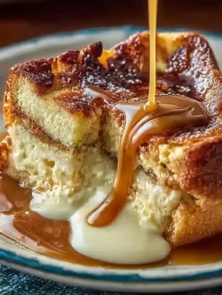 Delicious Eggnog Bread Pudding topped with Rum Sauce served in a festive dish.