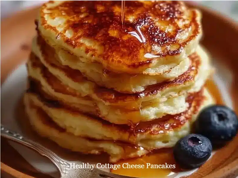 Delicious and fluffy healthy cottage cheese pancakes served with fresh fruit