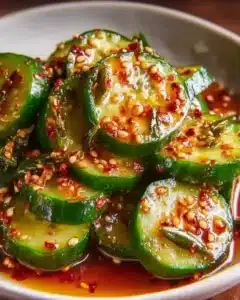 Bowl of Korean Cucumber Salad garnished with sesame seeds and herbs