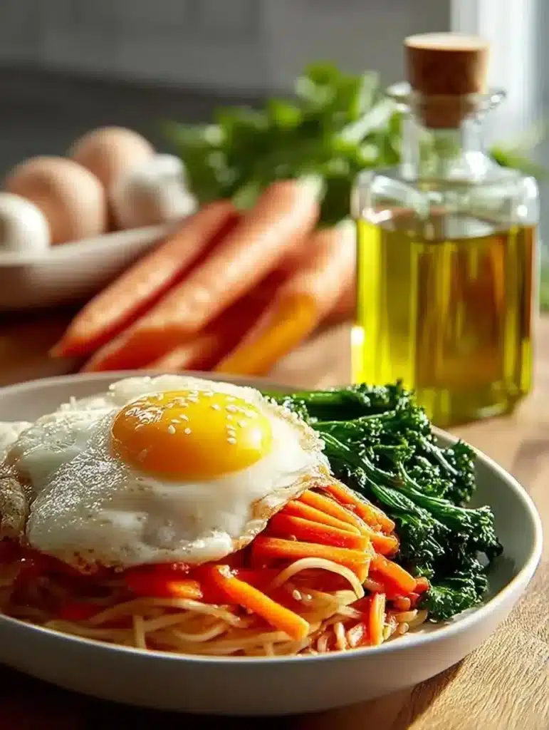 Delicious crispy Korean fried noodles served with vegetables and seasoning