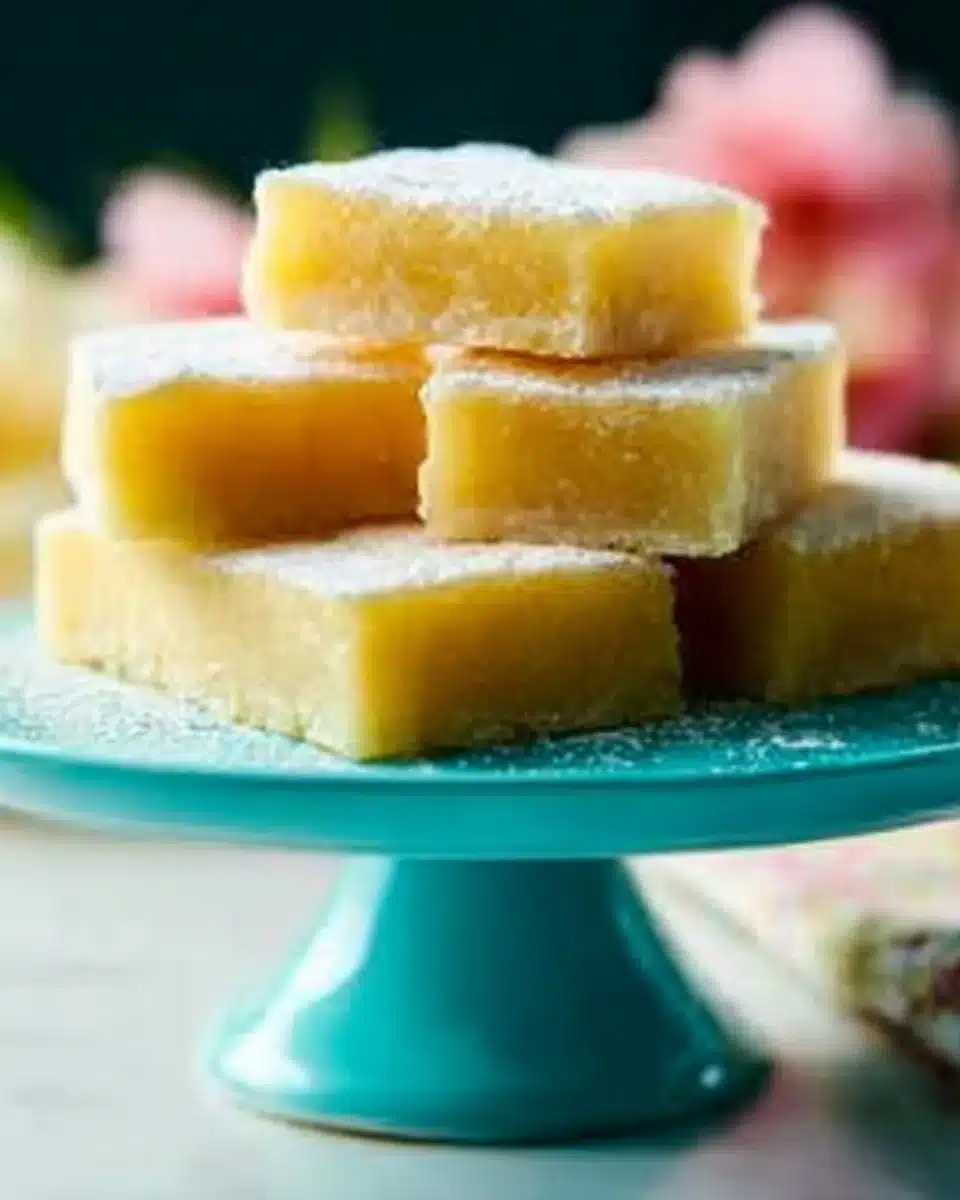Delicious homemade lemon bars on a plate with powdered sugar topping.