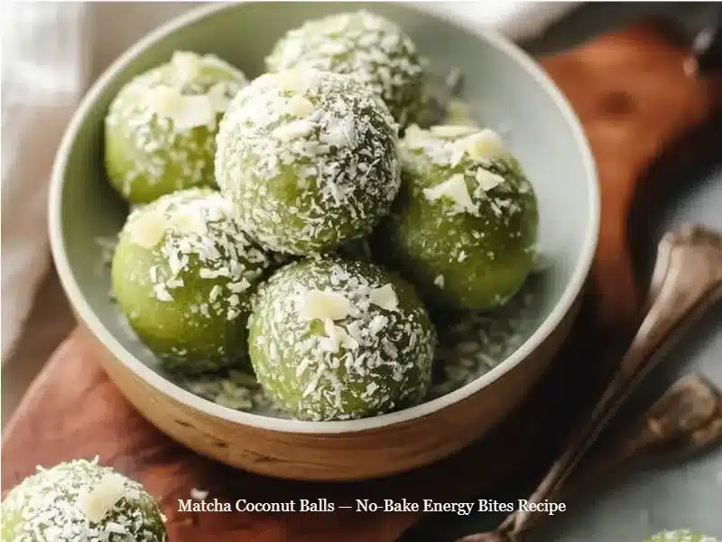 Delicious no-bake matcha coconut balls arranged on a plate