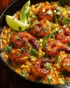 Mexican street corn topped with shrimp and feta cheese sauce garnished with cilantro