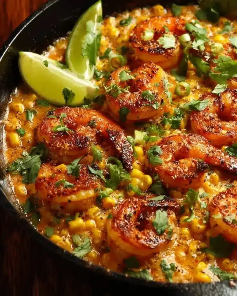Mexican street corn topped with shrimp and feta cheese sauce garnished with cilantro
