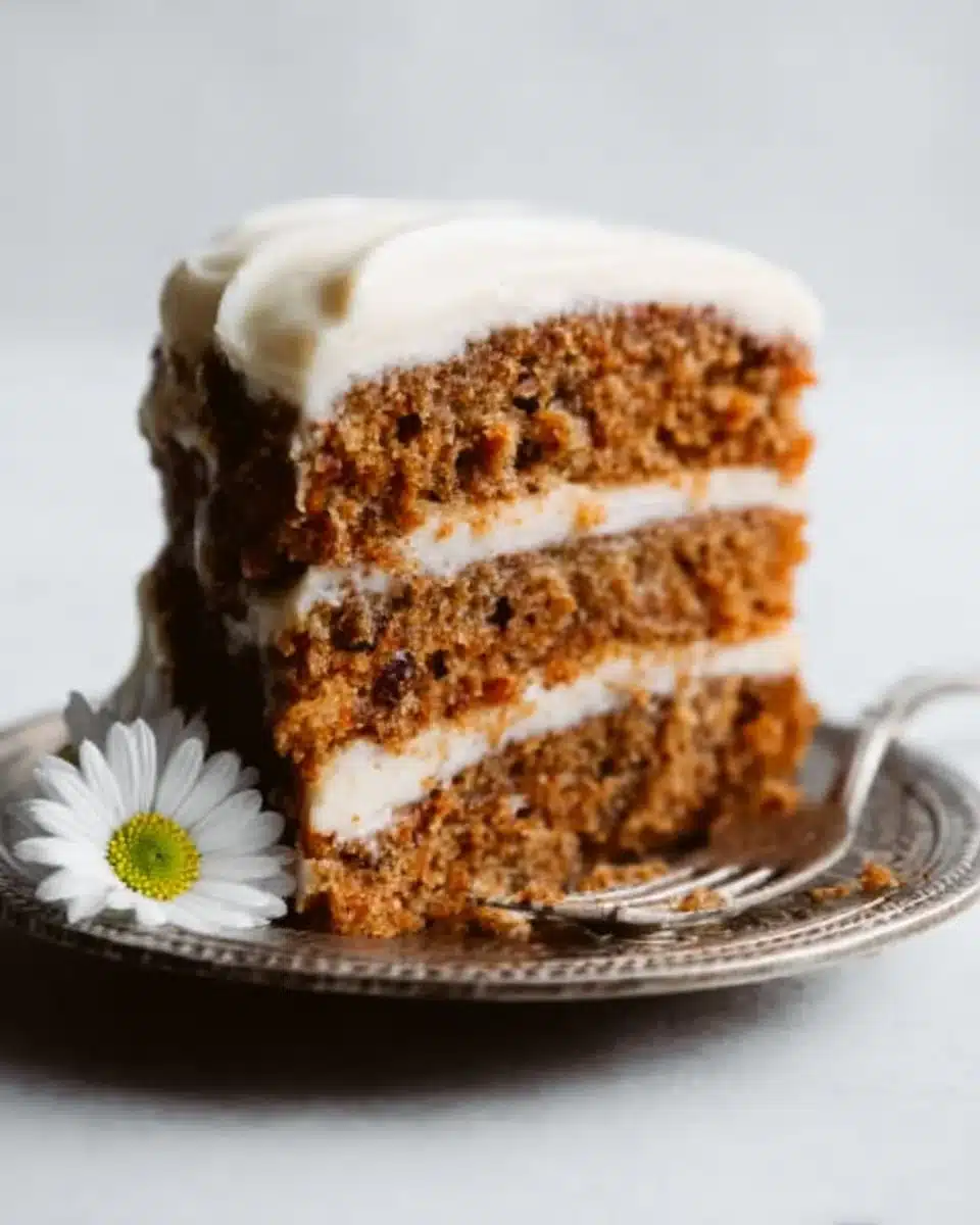 Homemade carrot cake with cream cheese frosting and walnuts on a wooden table.