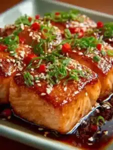 Orange Teriyaki Salmon 3 Plate of Orange Teriyaki Salmon garnished with orange slices