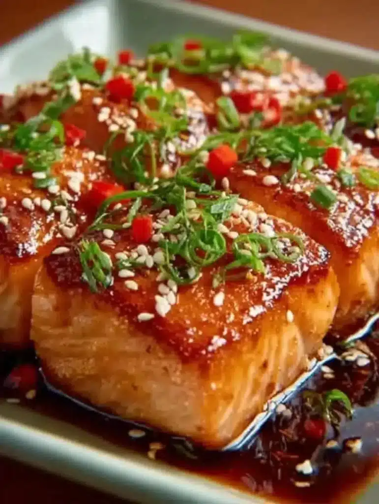 Plate of Orange Teriyaki Salmon garnished with orange slices