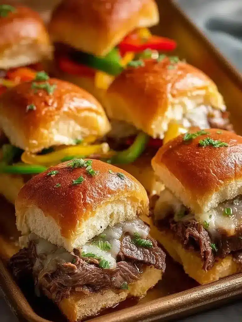 Philly cheesesteak sliders served on a platter, easy party appetizer recipe