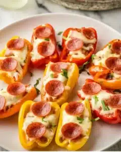 Pizza Stuffed Mini Peppers 5 Pizza stuffed mini peppers filled with cheese and toppings on a serving plate.