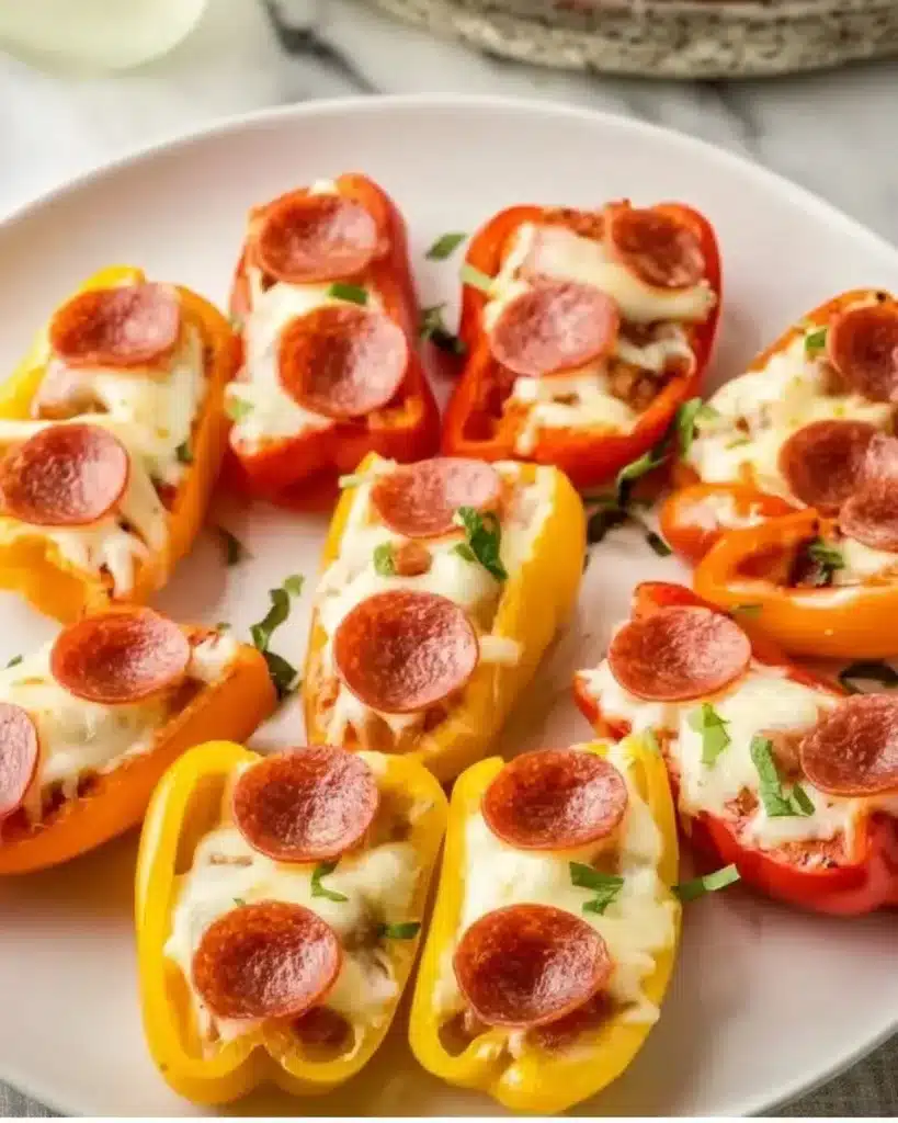 Pizza stuffed mini peppers filled with cheese and toppings on a serving plate.