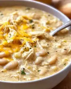 Quick and Easy White Chicken Chili Recipe 3 Bowl of quick and easy white chicken chili topped with cilantro and sour cream