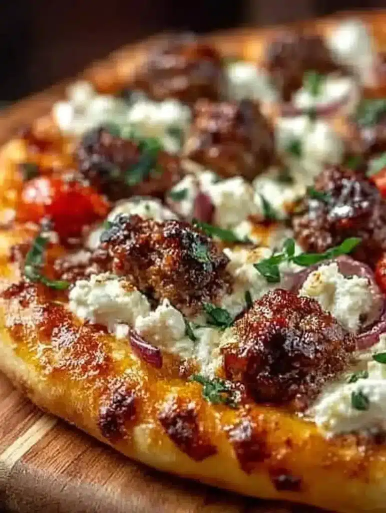 Sausage Feta Pizza topped with sausage, feta cheese, and fresh herbs