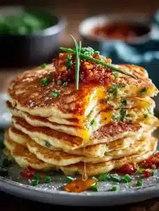 Savory Dinner Pancakes with Chili Butter 6 Savory dinner pancakes with chili butter on a plate