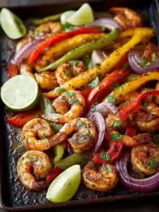 Sheet Pan Shrimp Fajitas 4 Delicious sheet pan shrimp fajitas with colorful peppers and onions