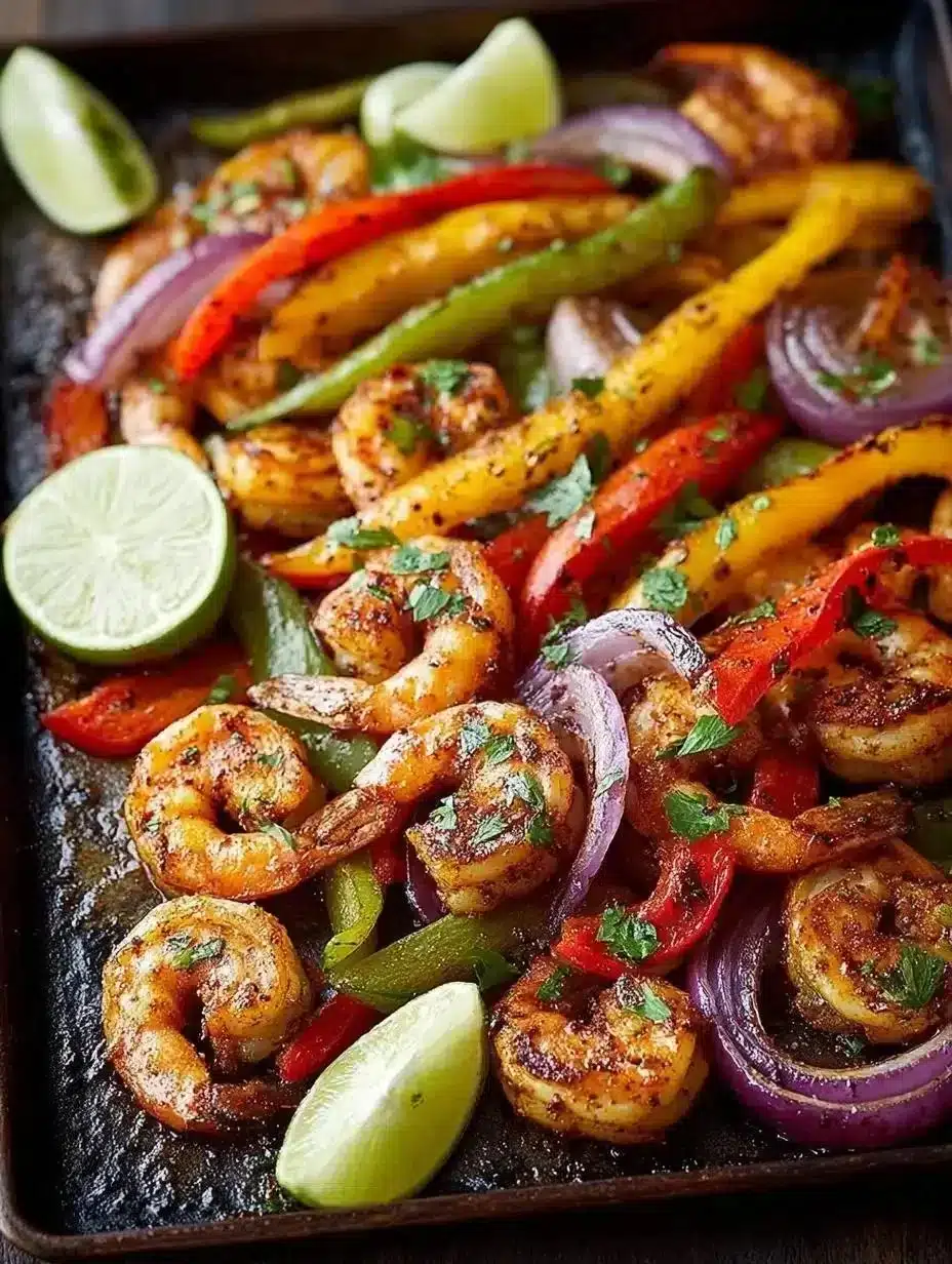Delicious sheet pan shrimp fajitas with colorful peppers and onions