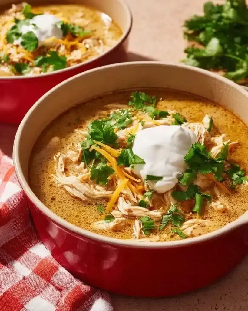 Bowl of Keto White Chicken Chili with fresh toppings
