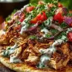 Delicious slow cooker chicken shawarma served with pita and fresh vegetables.