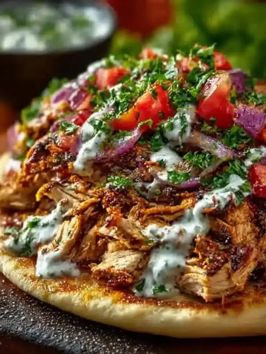 Delicious slow cooker chicken shawarma served with pita and fresh vegetables.