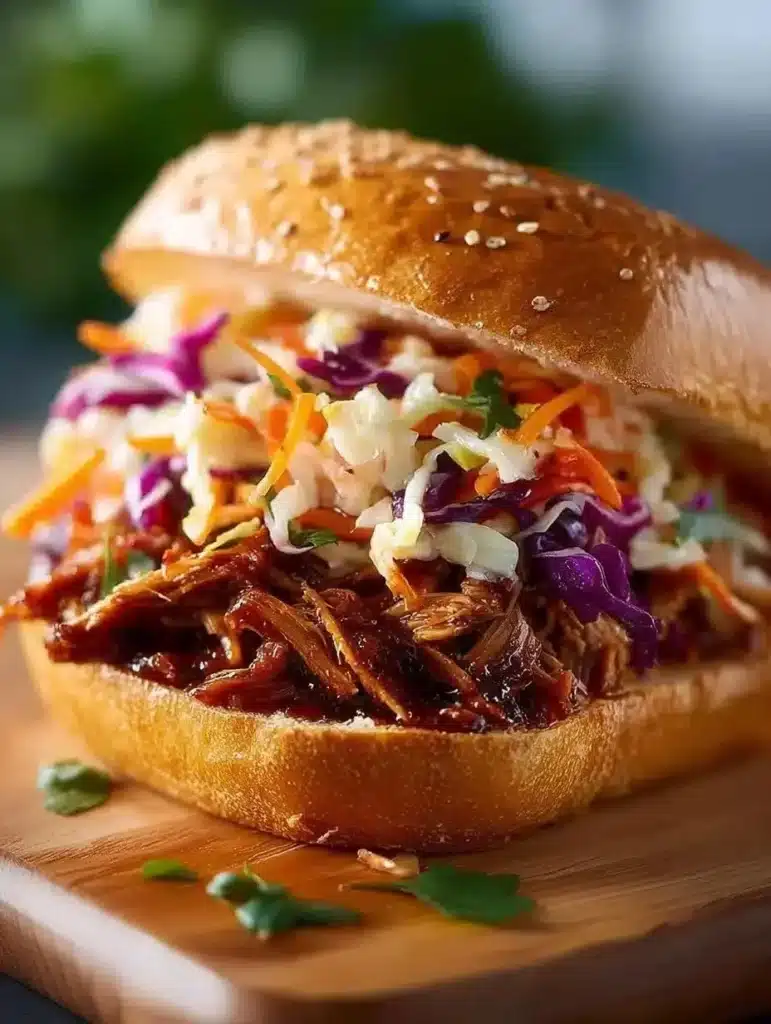 Smoky pulled jackfruit sandwiches served on a plate with vegan toppings.