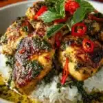 Spiced coconut basil chicken served with fresh herbs and tropical ingredients