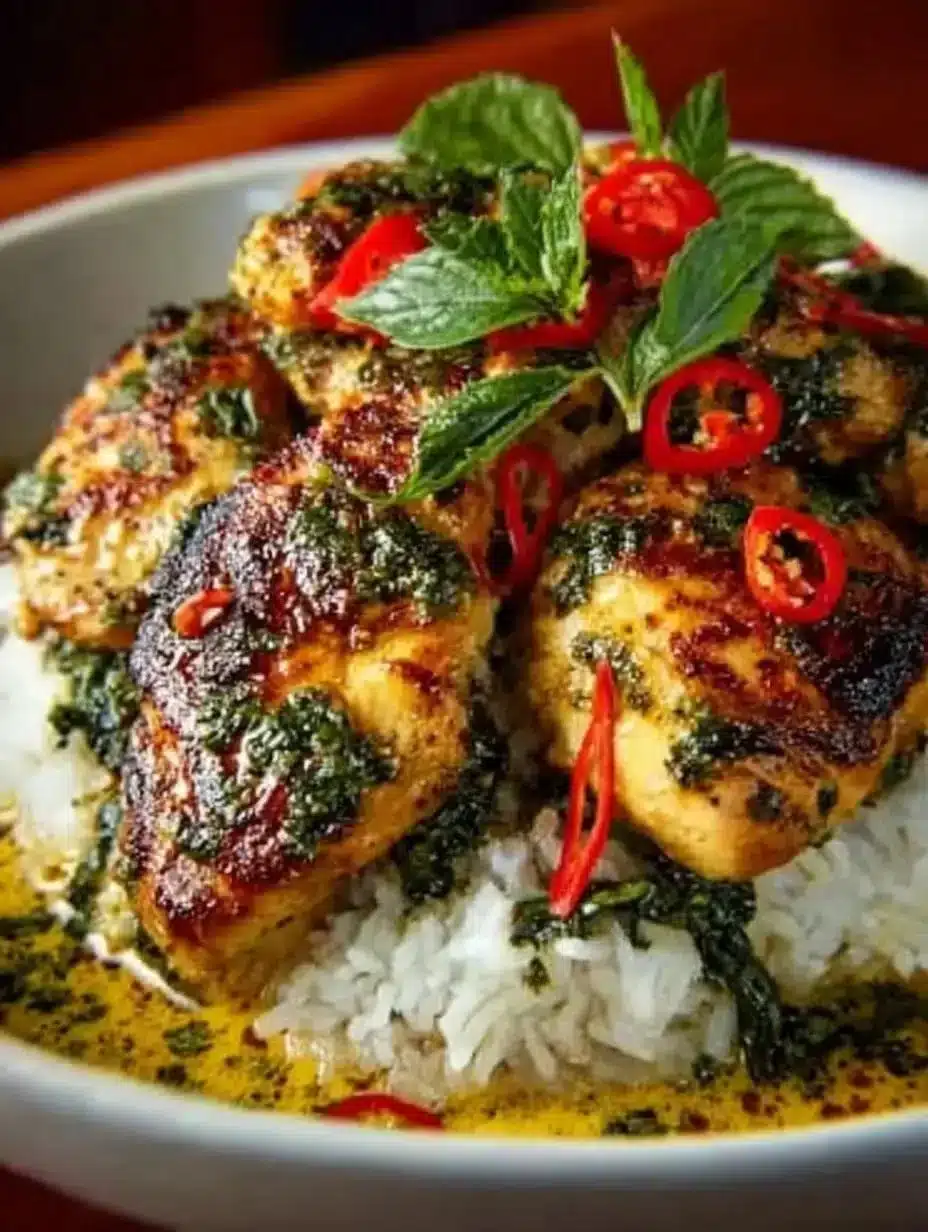 Spiced Coconut Basil Chicken 1 Spiced coconut basil chicken served with fresh herbs and tropical ingredients