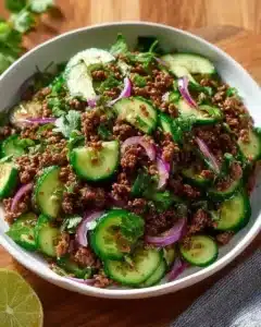 Spicy Korean Ground Beef with Cucumber Salad 6 Spicy Korean Ground Beef served with Cucumber Salad on a plate