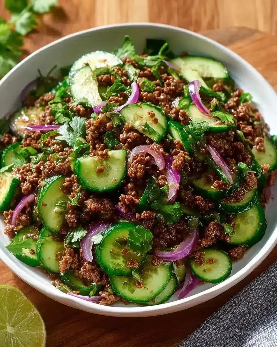 Spicy Korean Ground Beef with Cucumber Salad 1 Spicy Korean Ground Beef served with Cucumber Salad on a plate