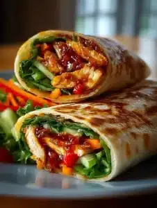 Sweet Chili Chicken Wraps 5 Sweet Chili Chicken Wraps on a plate with fresh vegetables and sauce