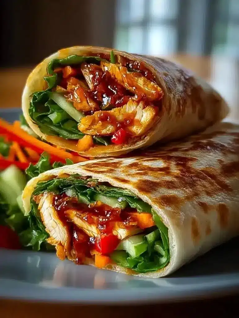 Sweet Chili Chicken Wraps on a plate with fresh vegetables and sauce