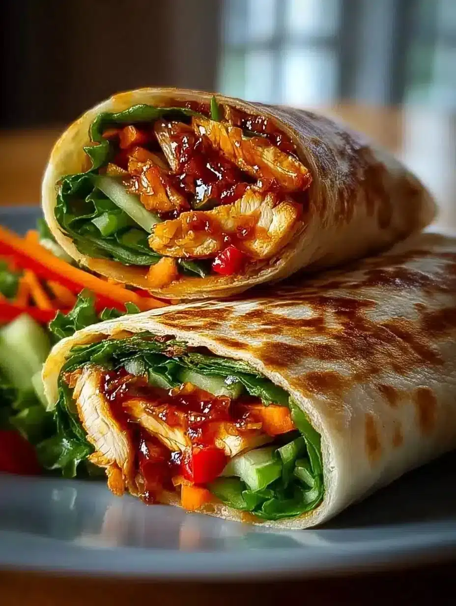 Sweet Chili Chicken Wraps 1 Sweet Chili Chicken Wraps on a plate with fresh vegetables and sauce