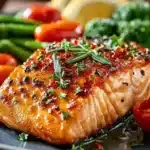 Delicious homemade Texas Roadhouse Salmon plated with lemon and herbs.