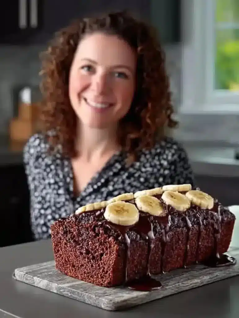 Baked Triple Chocolate Banana Bread with chocolate chips and bananas