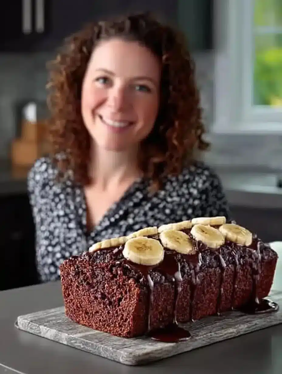Baked Triple Chocolate Banana Bread with chocolate chips and bananas