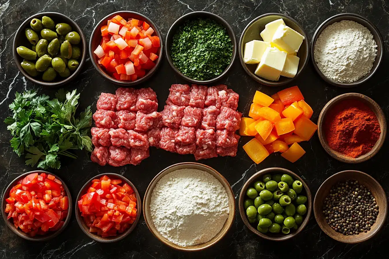 Beef empanada ingredients arranged on marble surface