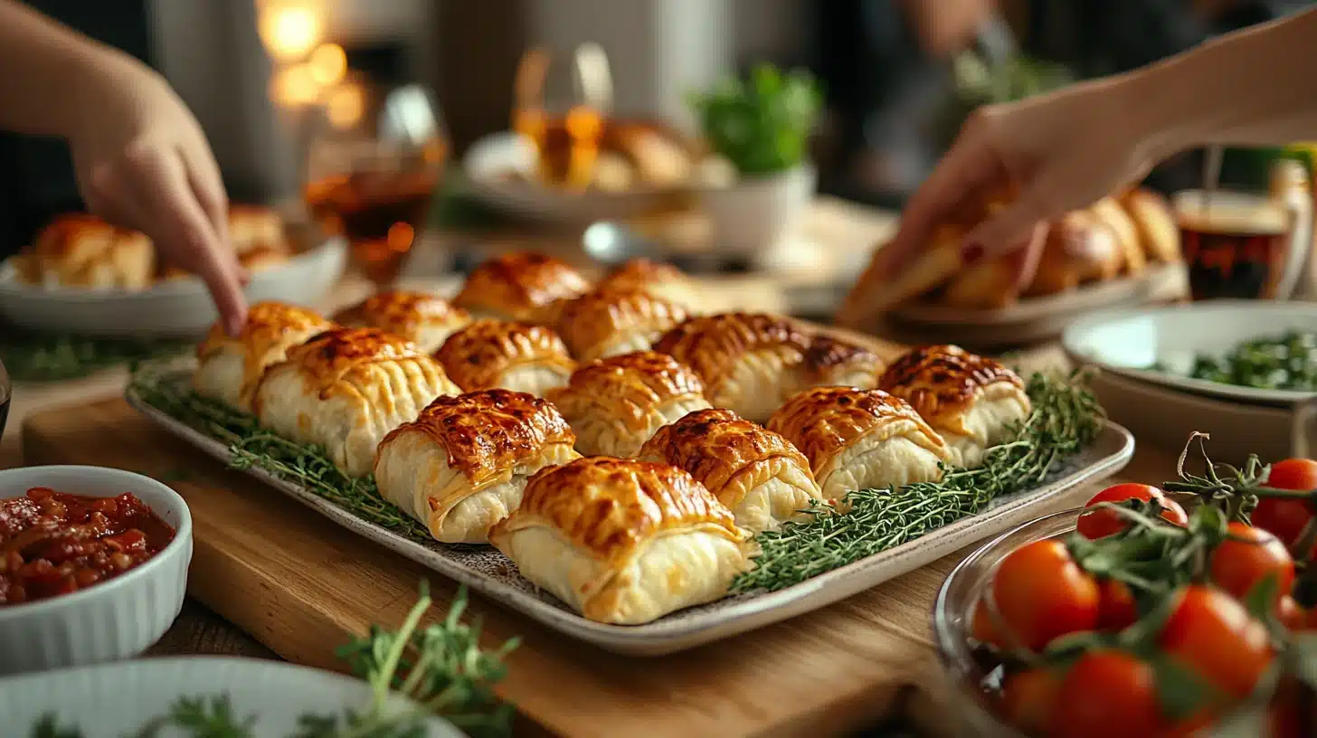 Party appetizer table with golden beef empanadas