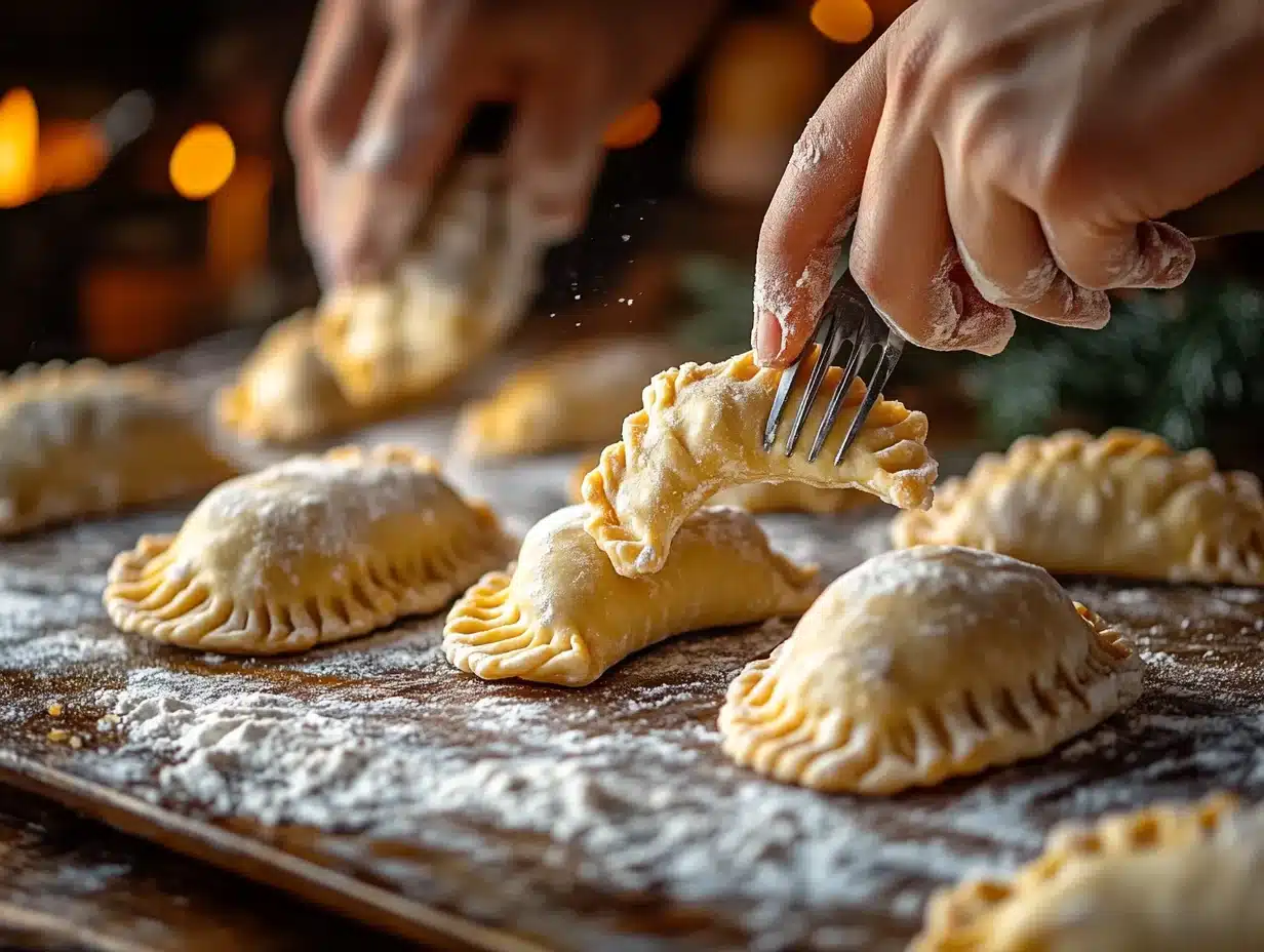 Crimping empanada dough with a fork on a floured surface
