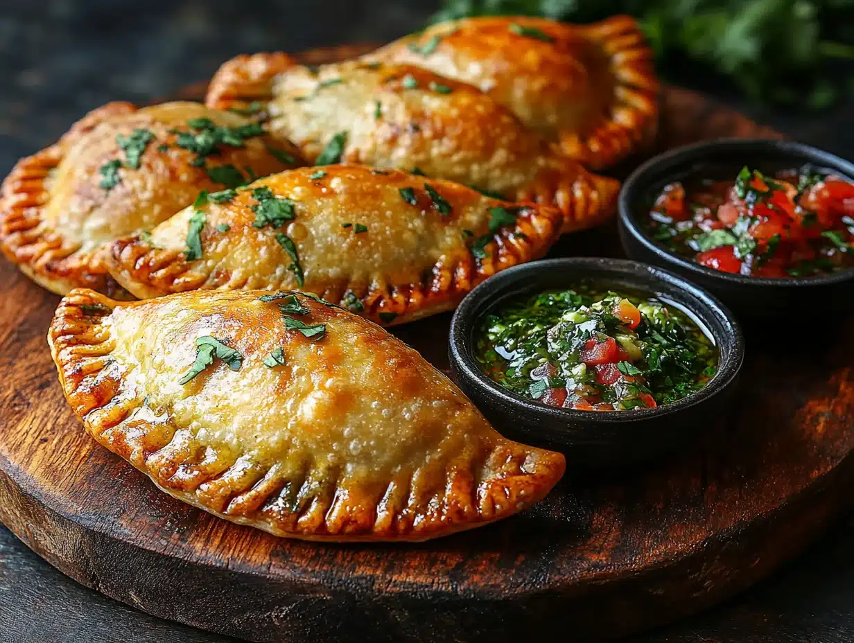 Platter of beef empanadas with chimichurri and avocado crema dipping sauces