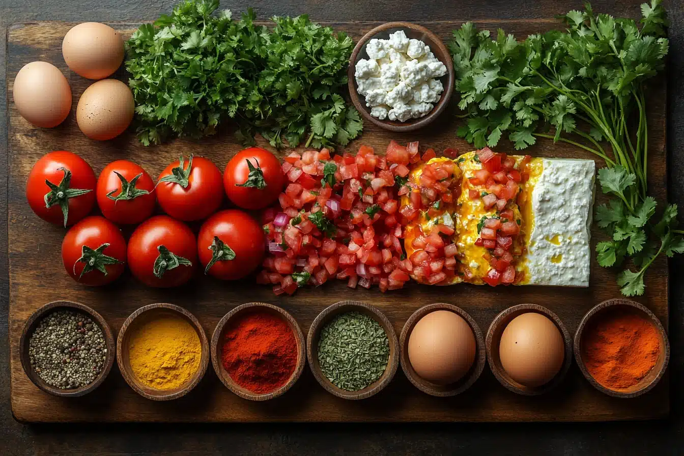 Shakshuka ingredients arranged on wooden board with spices and eggs