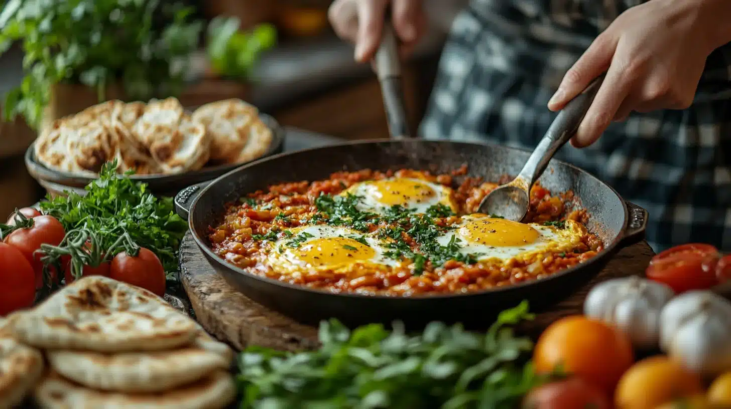 Mediterranean brunch spread with shakshuka and pita bread