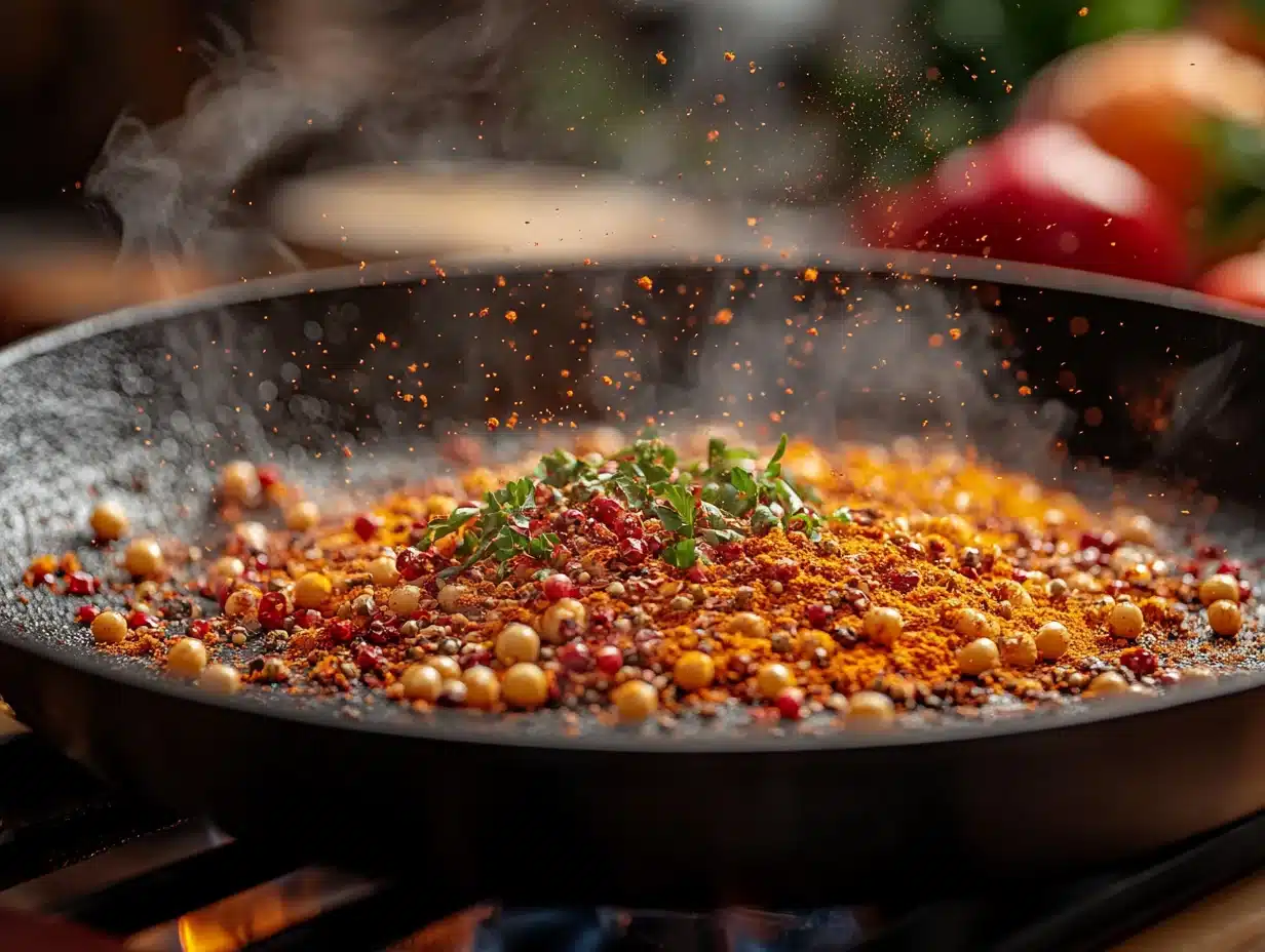 Spices blooming in olive oil in cast iron skillet