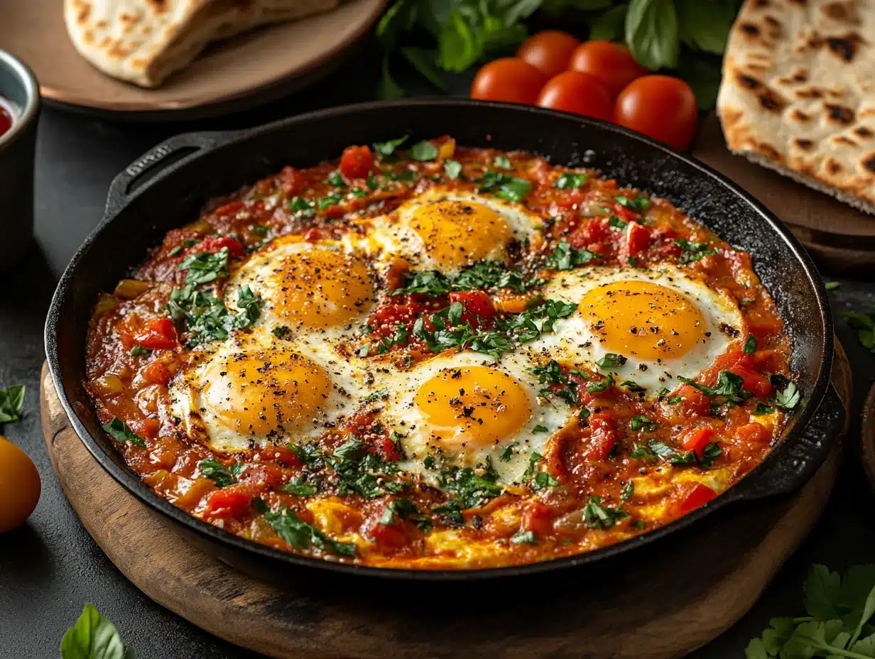 Shakshuka served in skillet with warm pita bread at table