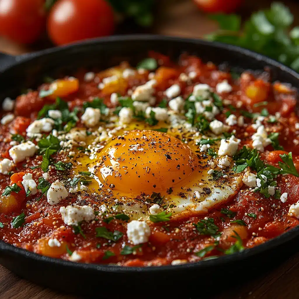 Close-up of runny yolk flowing into spiced tomato shakshuka sauce
