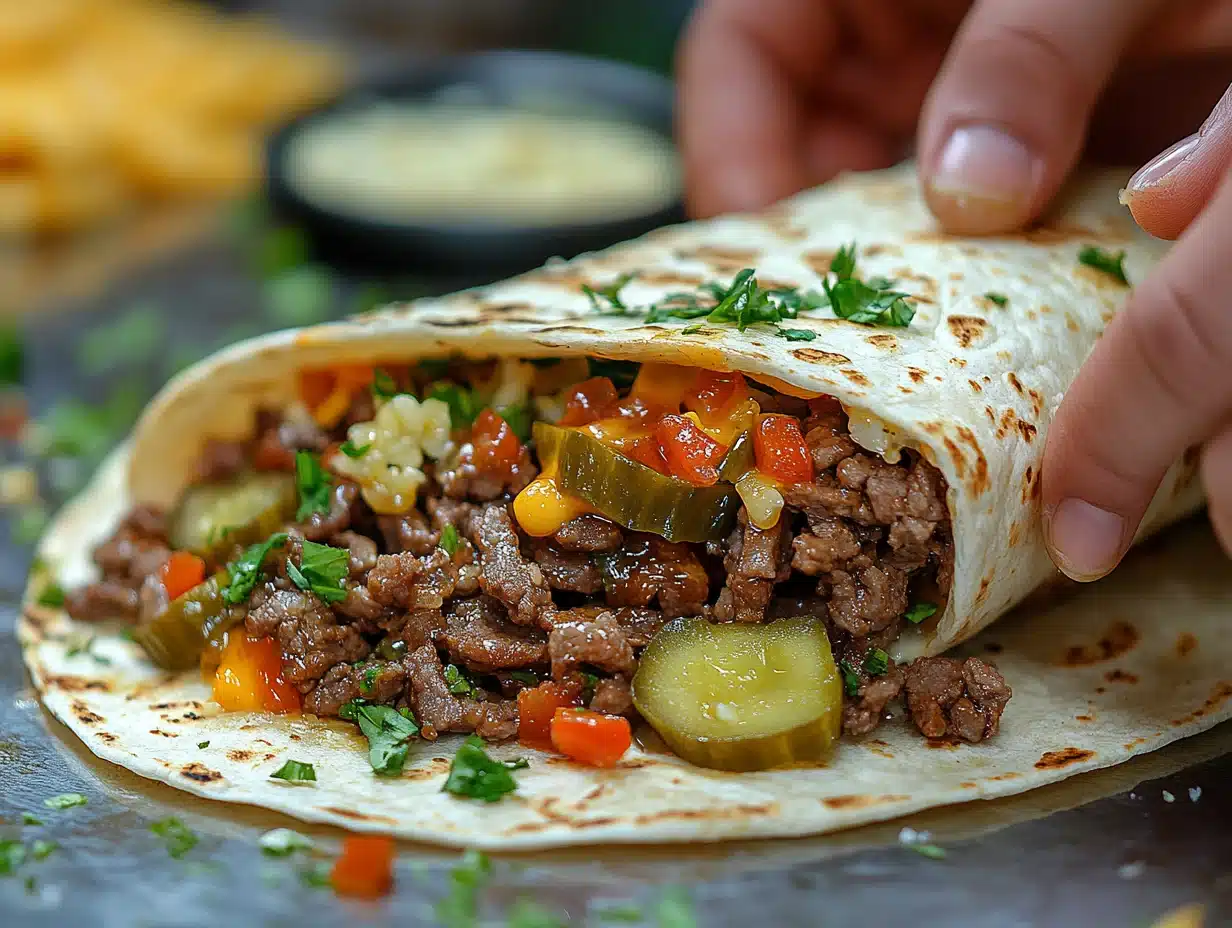 Assembling Big Mac wrap with seasoned beef, lettuce, and cheese
