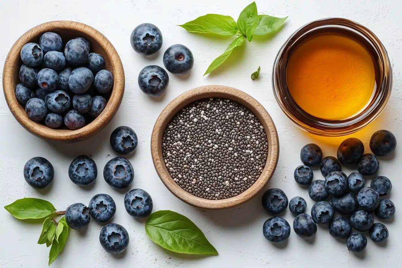 Chia pudding ingredients arranged on a clean surface