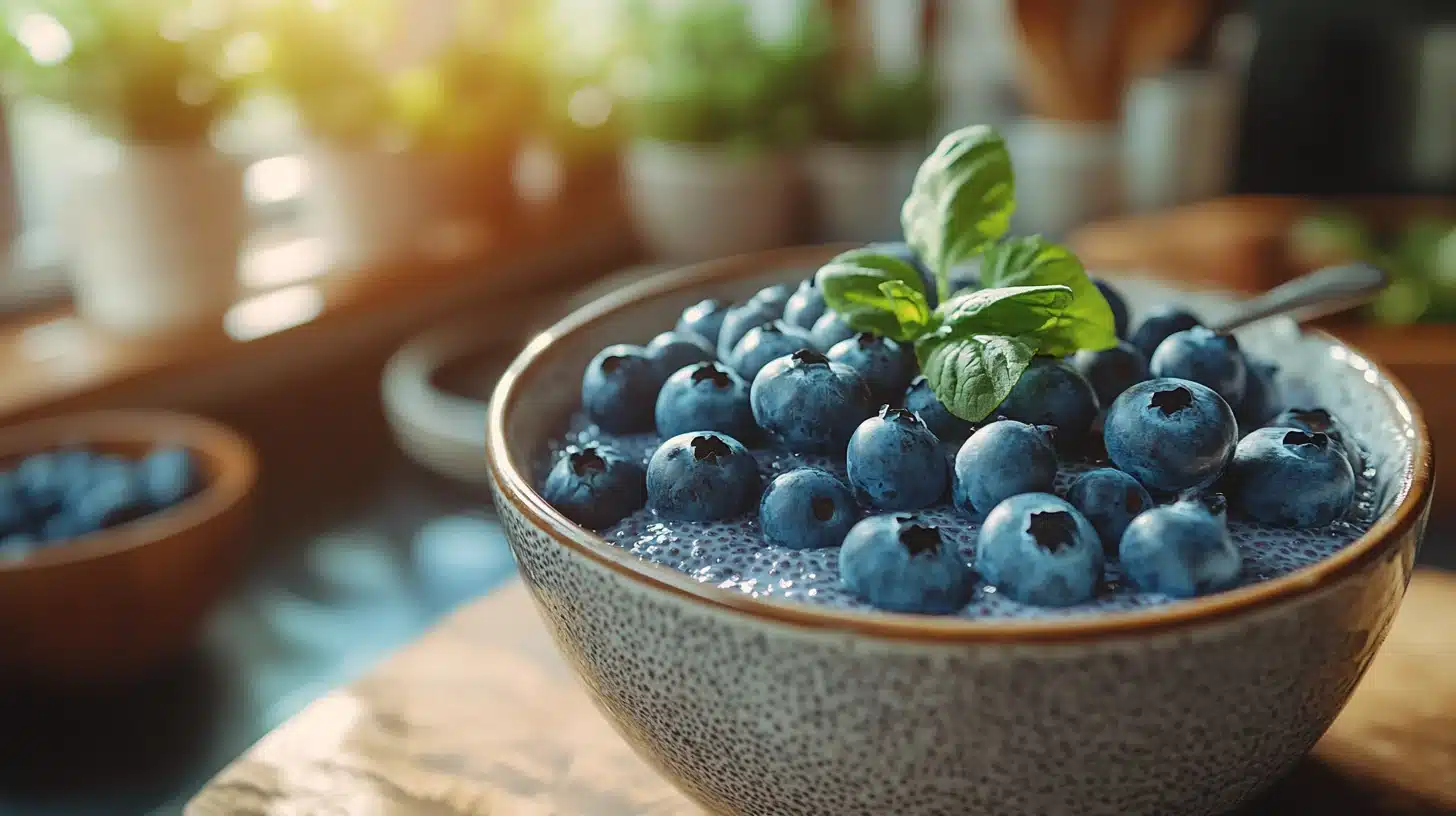 Blueberry chia pudding breakfast table lifestyle shot