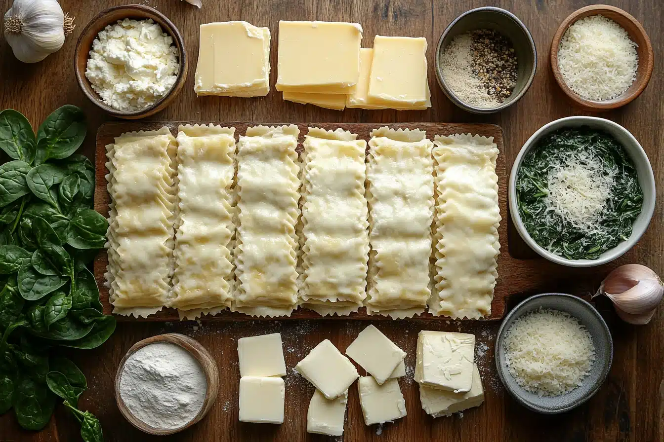 Ingredients for chicken alfredo lasagna rolls on marble counter